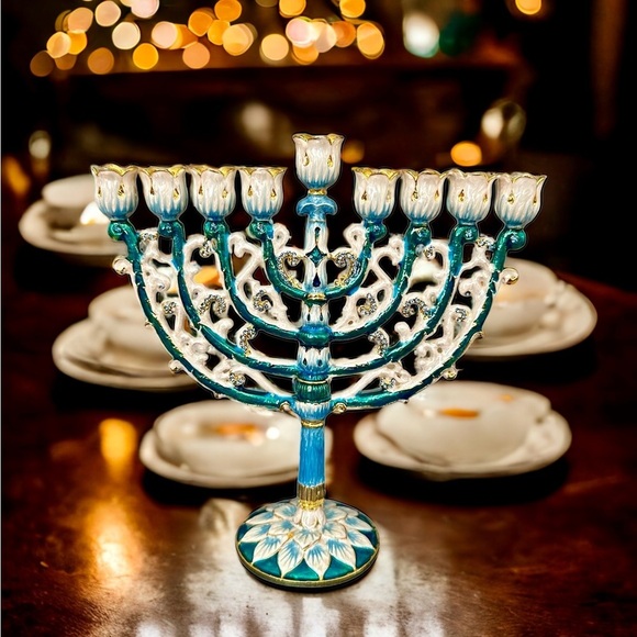 Menorah Hanukkah  Hand Painted Brass Enamel  NWB 6” By 6” Blue Teal Gold - Picture 1 of 16